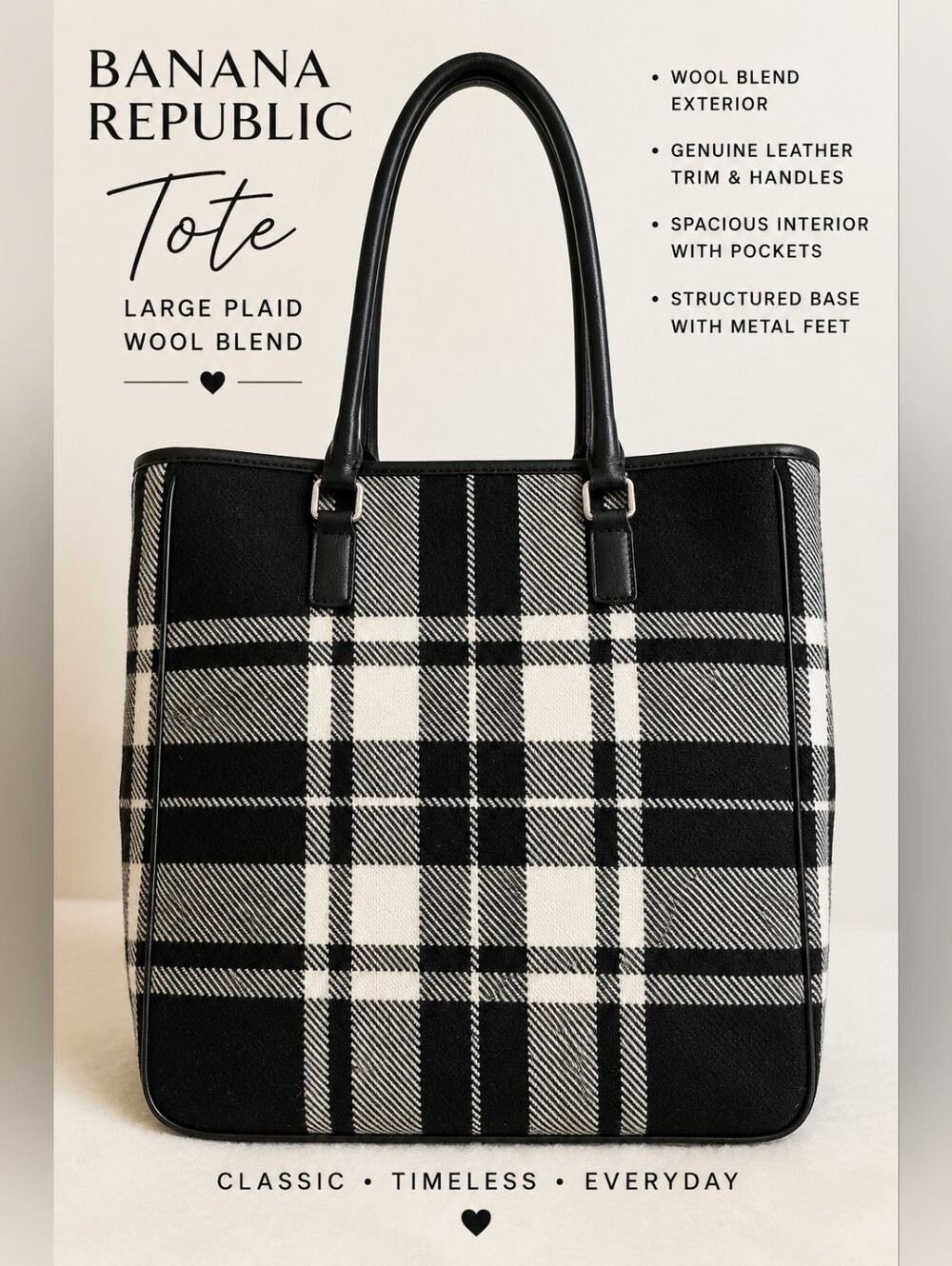 Banana Republic Black White Plaid Wool Leather Large Tote Bag
